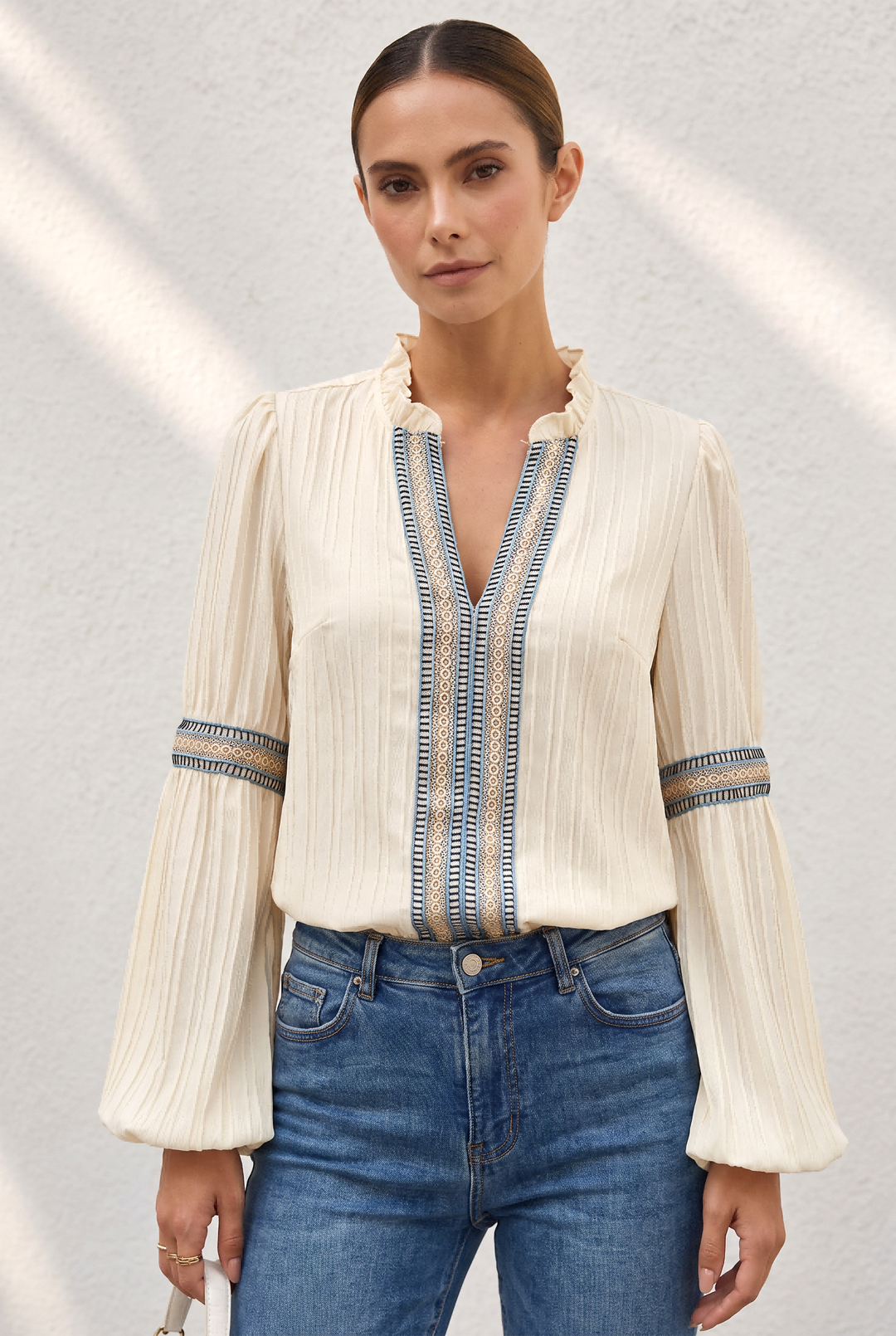 Vintage Embroidered Stripe Detail V Neck Blouse for Women
