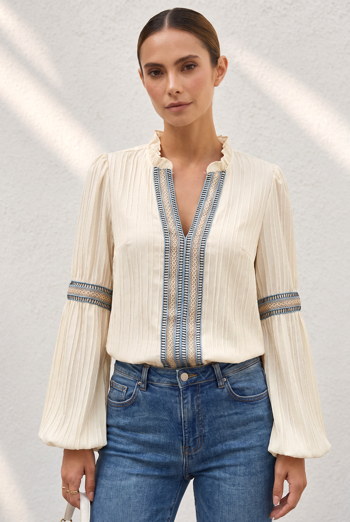 Vintage Embroidered Stripe Detail V Neck Blouse for Women