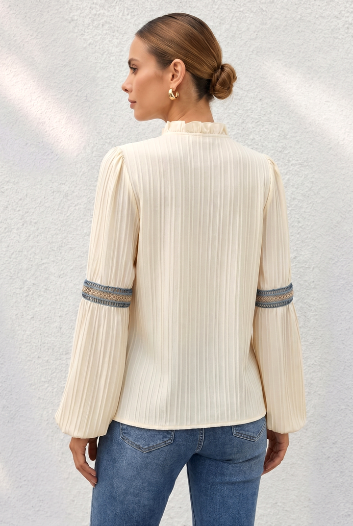 Vintage Embroidered Stripe Detail V Neck Blouse for Women