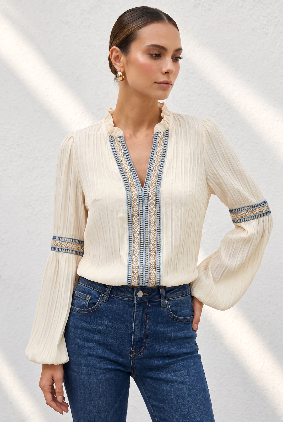 Vintage Embroidered Stripe Detail V Neck Blouse for Women