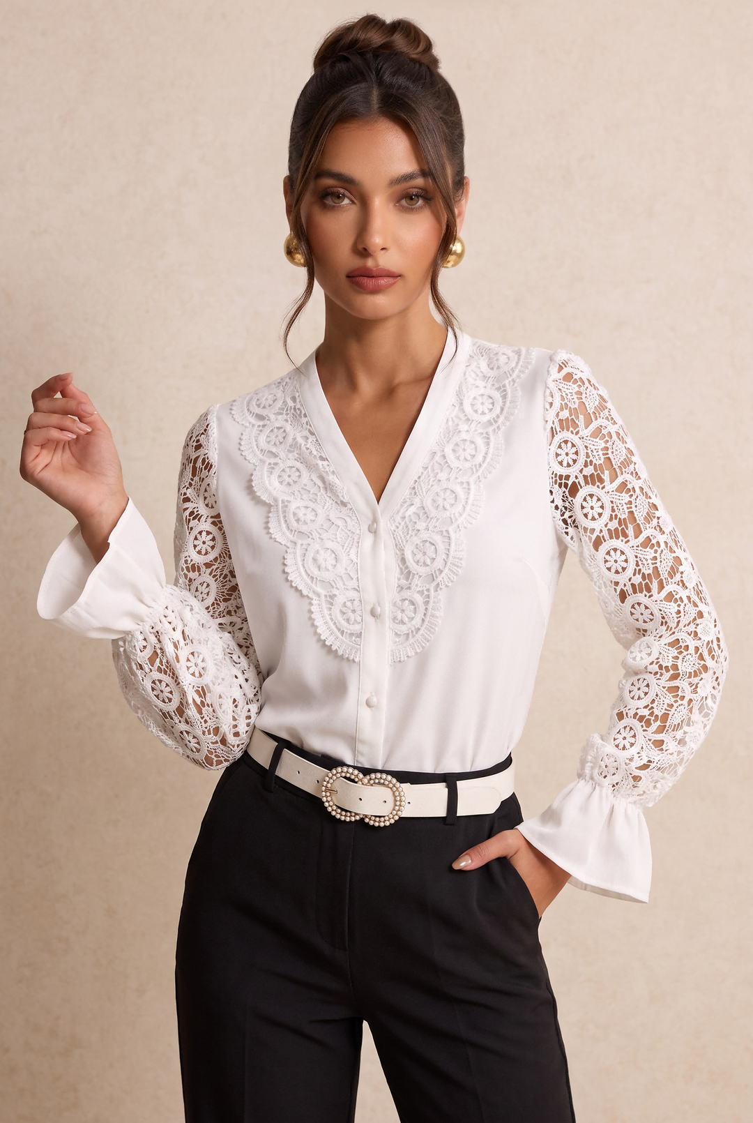 Women Elegant Patchwork Lace Sleeve Shirt