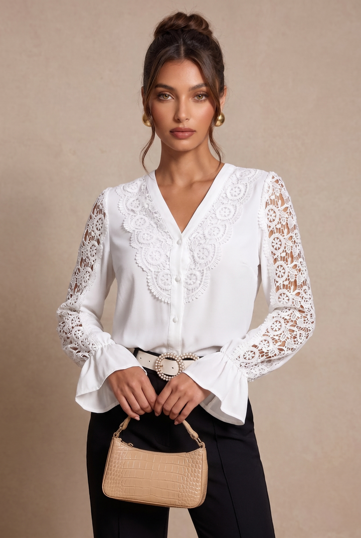 Women Elegant Patchwork Lace Sleeve Shirt