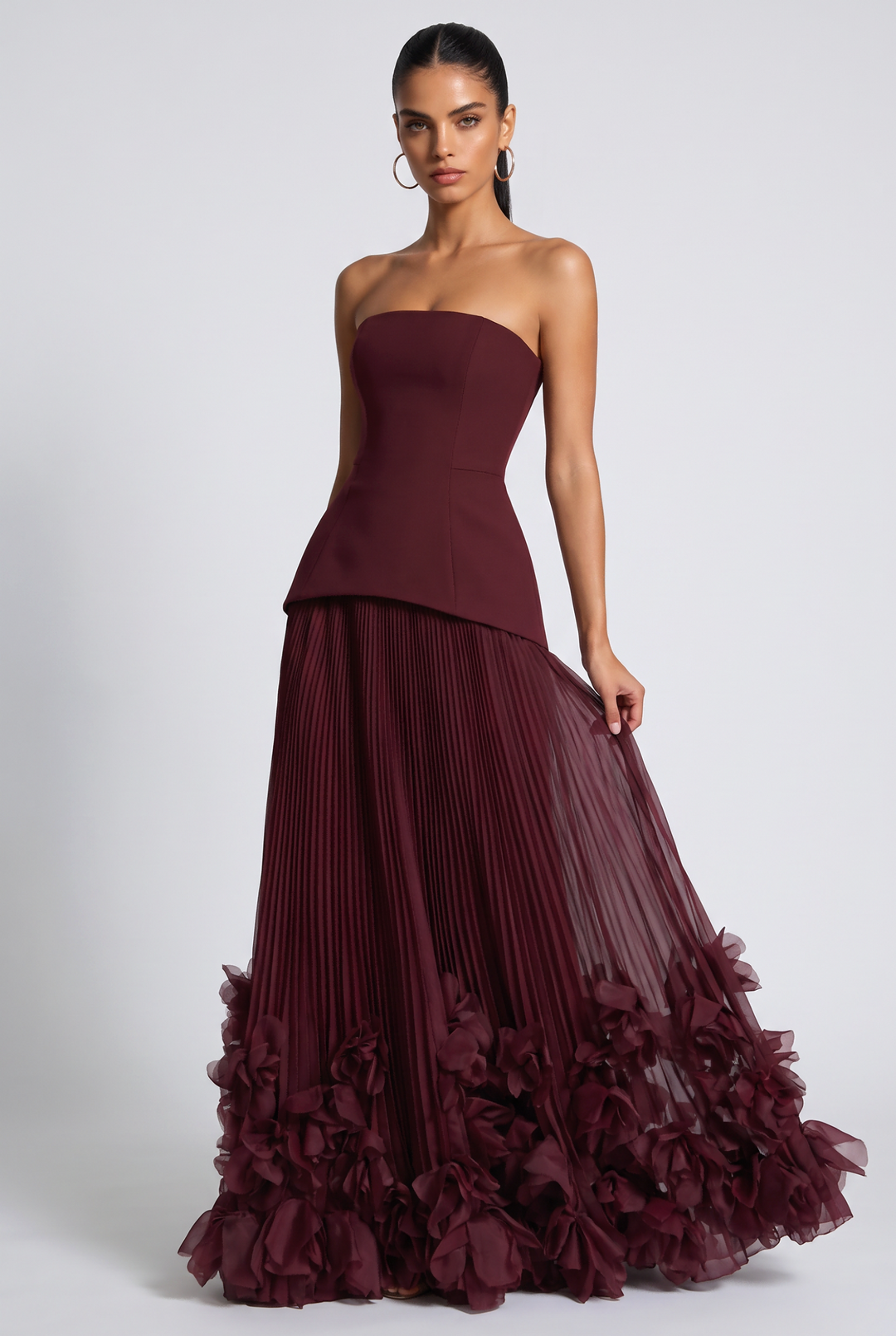 Strapless Pleated 3D Floral Maxi Evening Dress