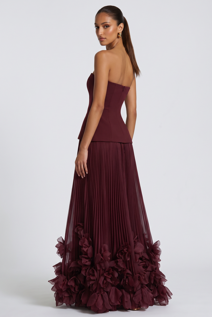 Strapless Pleated 3D Floral Maxi Evening Dress