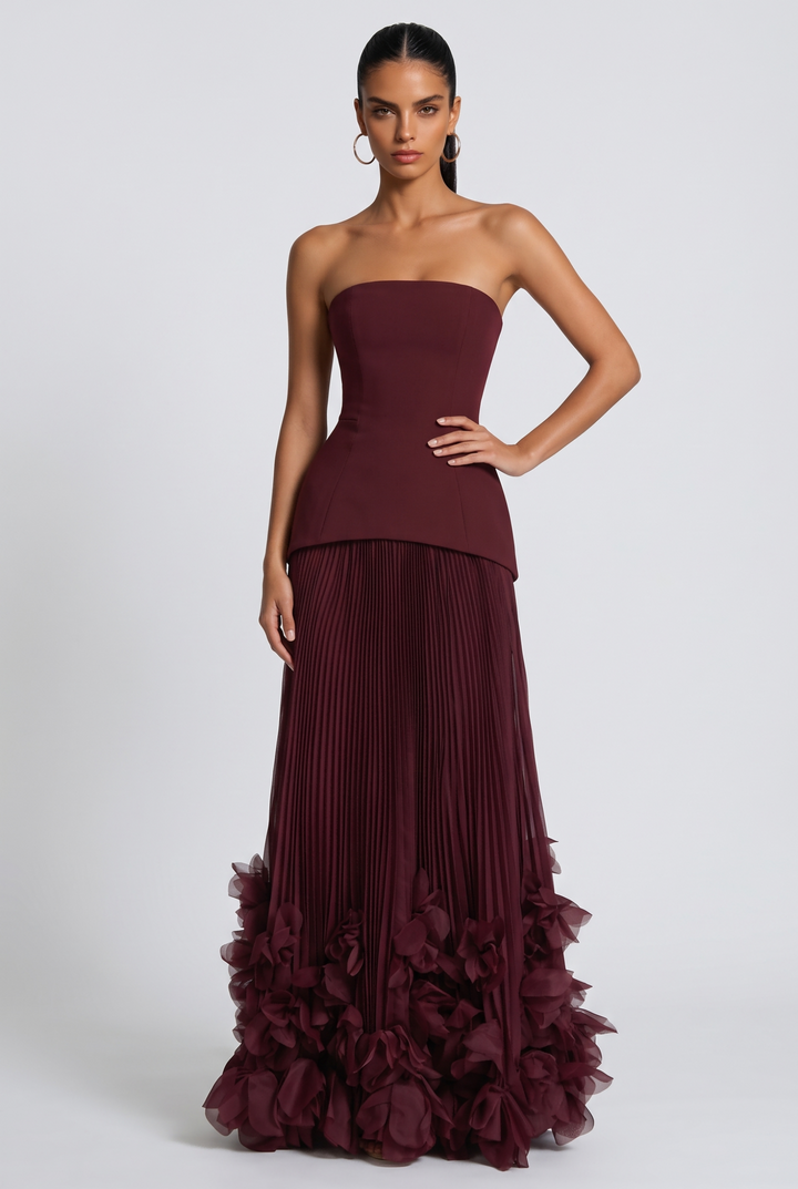 Strapless Pleated 3D Floral Maxi Evening Dress