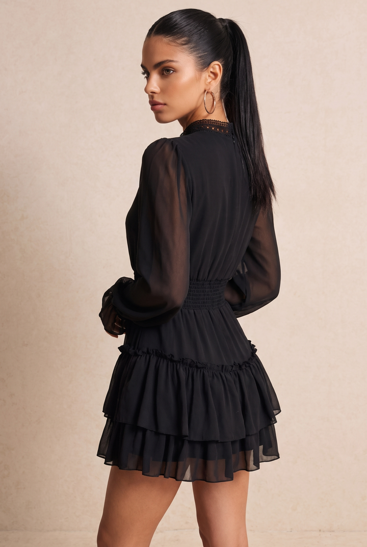 Black Cutout Long Sleeve Ruffle Mini Dress