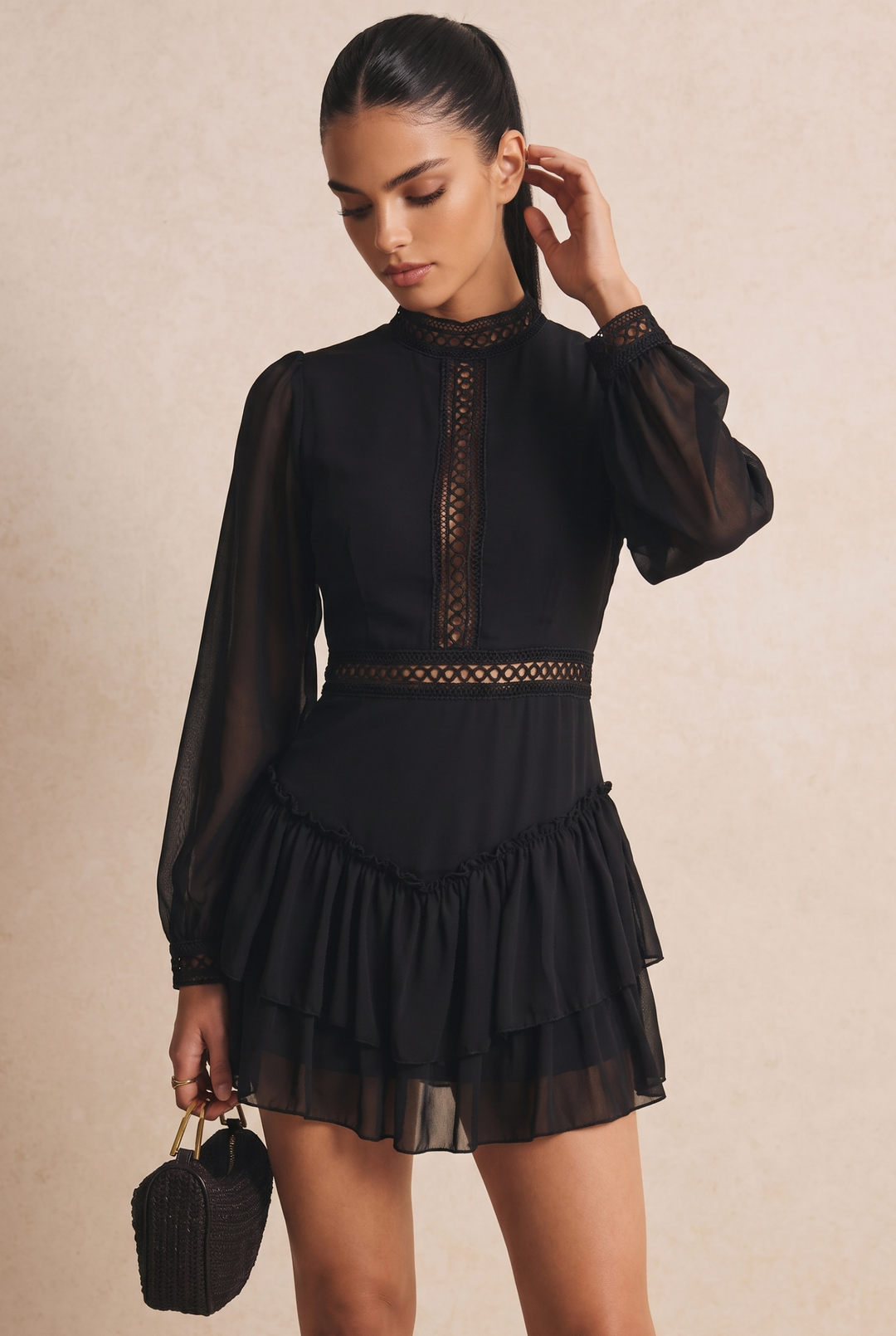 Black Cutout Long Sleeve Ruffle Mini Dress