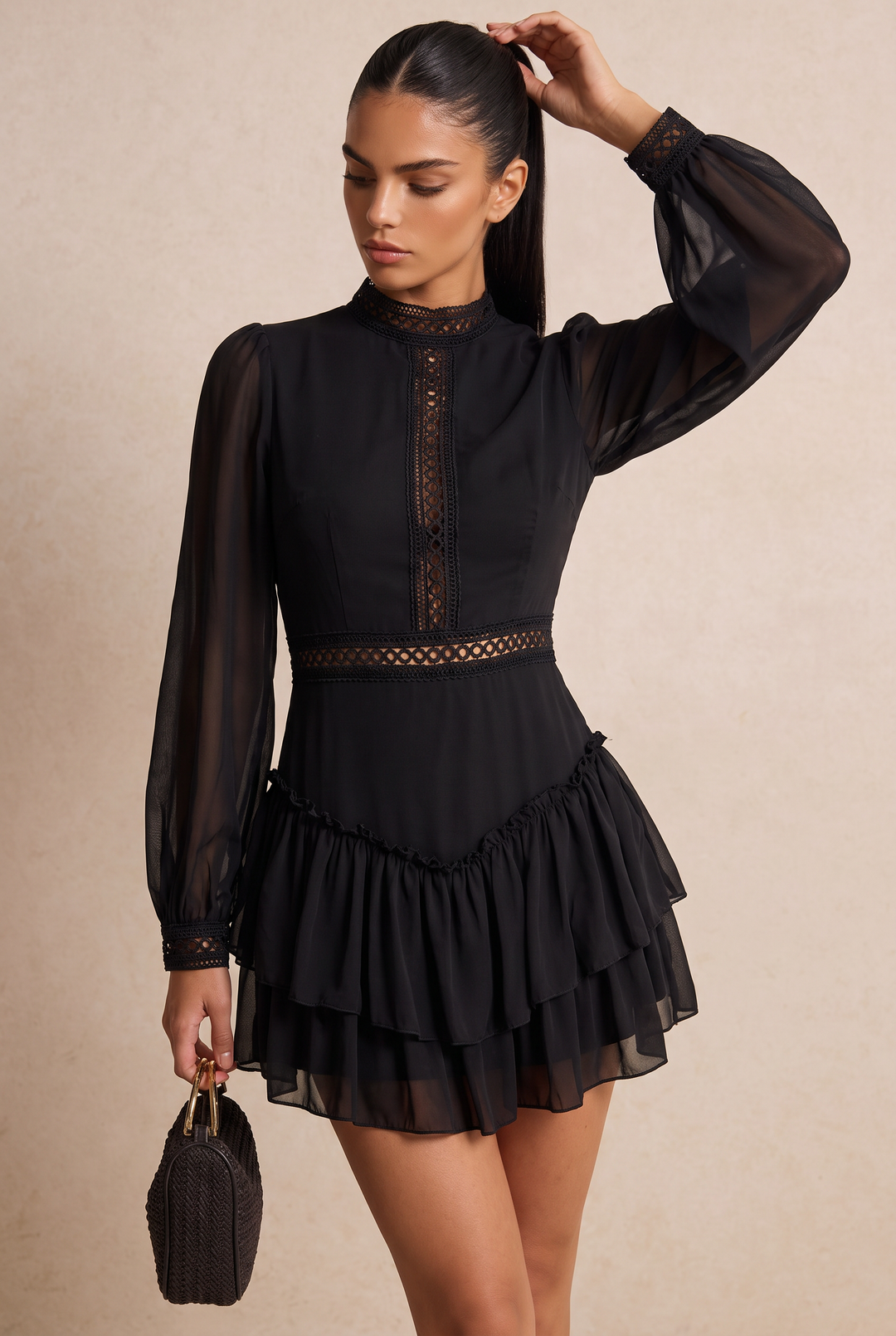 Black Cutout Long Sleeve Ruffle Mini Dress