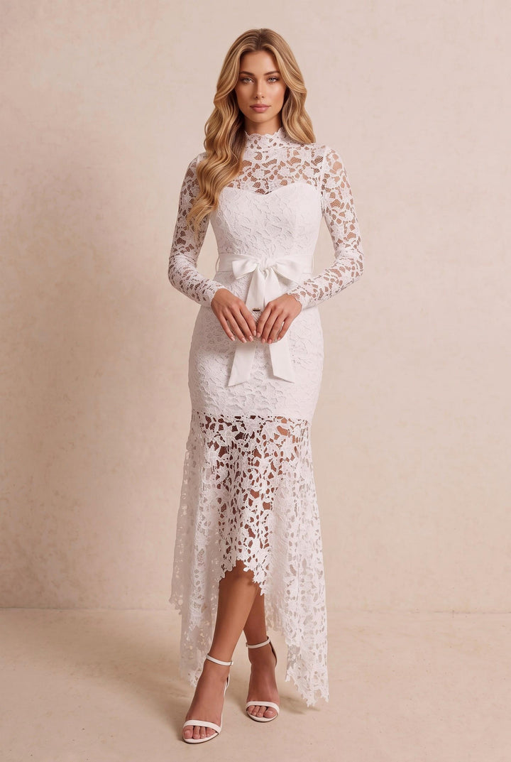 Floral Lace Bow Belt Long Sleeve Midi Dress