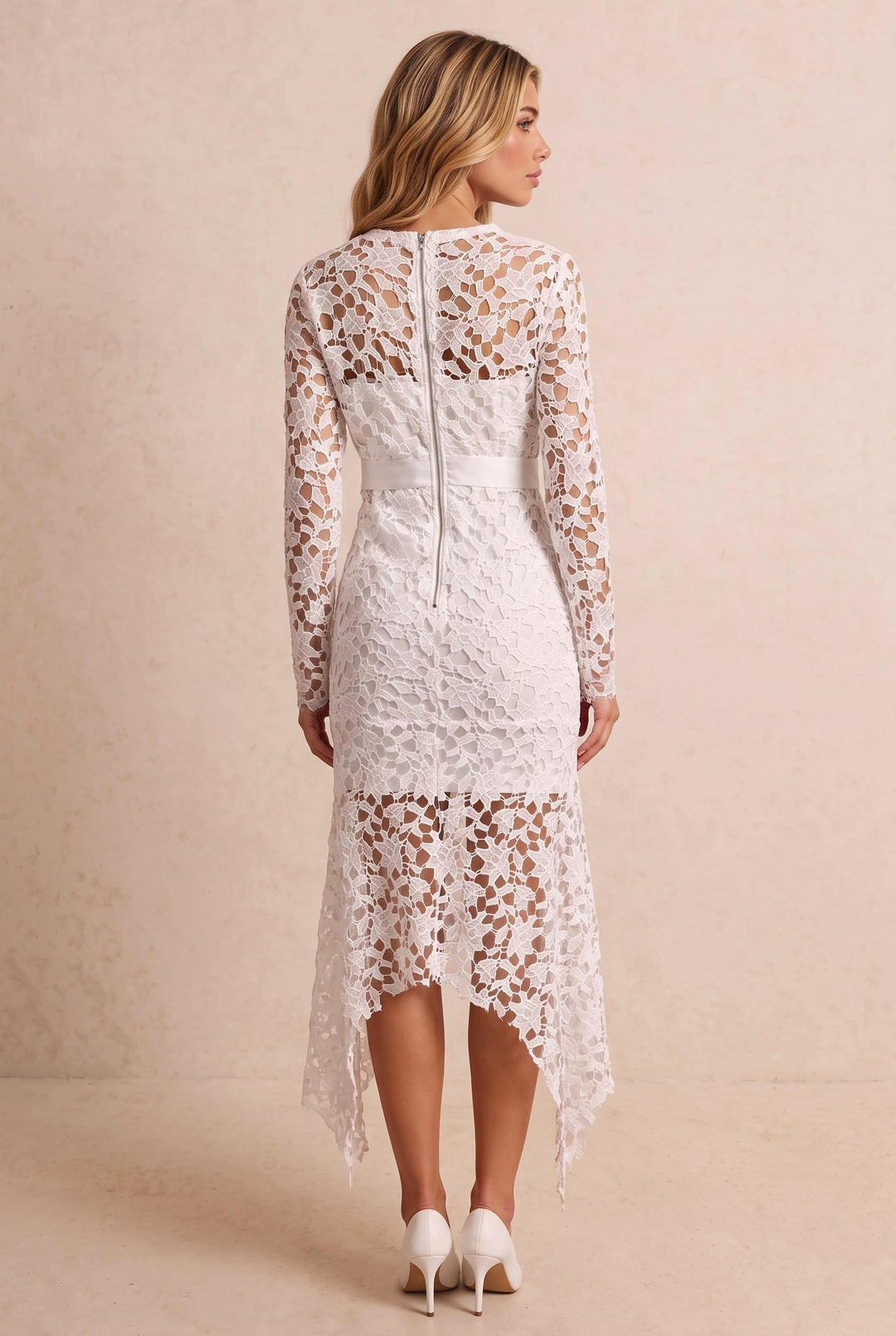 Floral Lace Bow Belt Long Sleeve Midi Dress