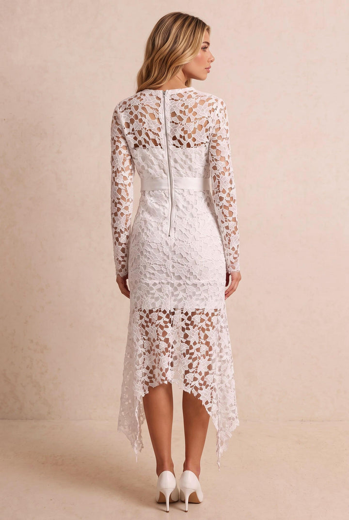 Floral Lace Bow Belt Long Sleeve Midi Dress