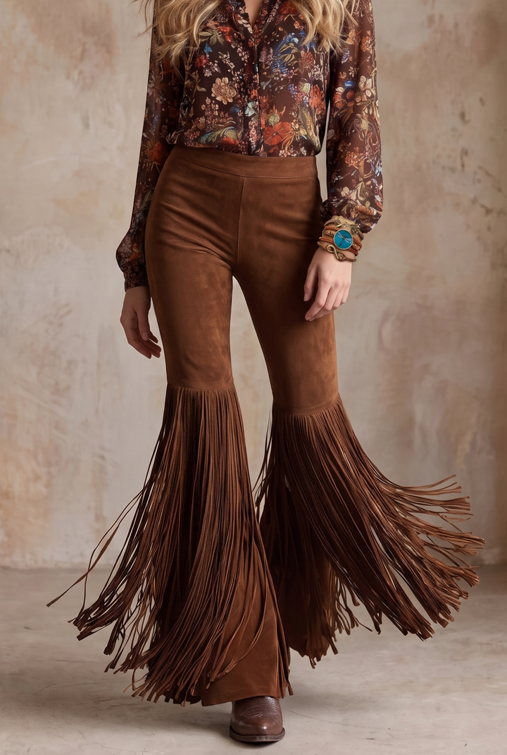 SOLACE CHICSuede Fringe High Waist Flared Long Pants