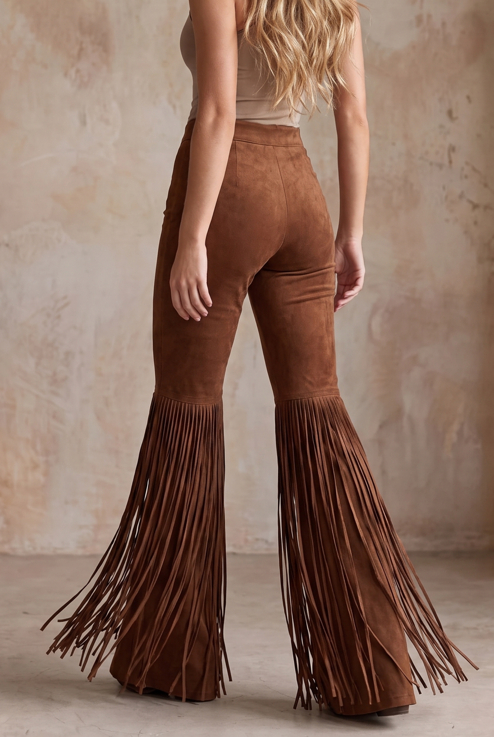 SOLACE CHICSuede Fringe High Waist Flared Long Pants