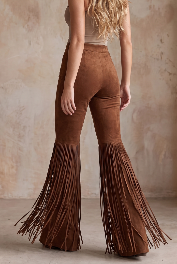 SOLACE CHICSuede Fringe High Waist Flared Long Pants