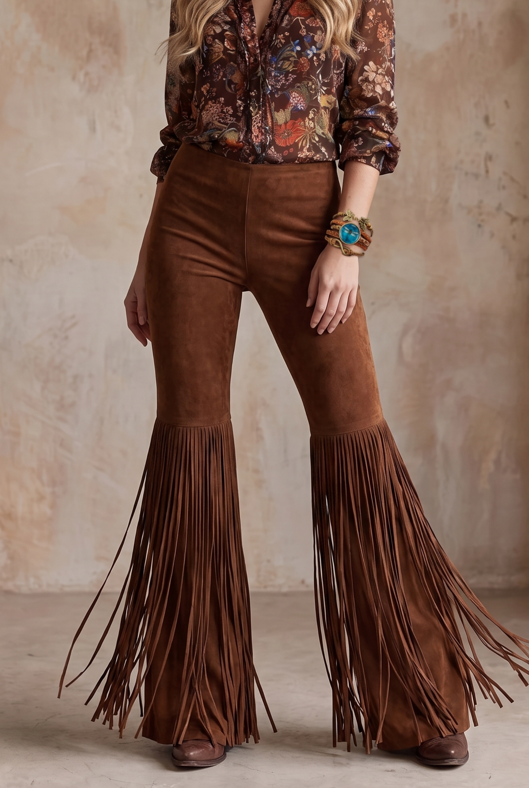 SOLACE CHICSuede Fringe High Waist Flared Long Pants