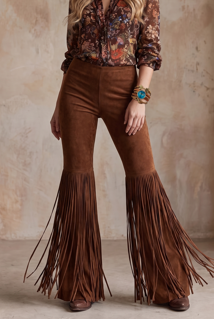 SOLACE CHICSuede Fringe High Waist Flared Long Pants