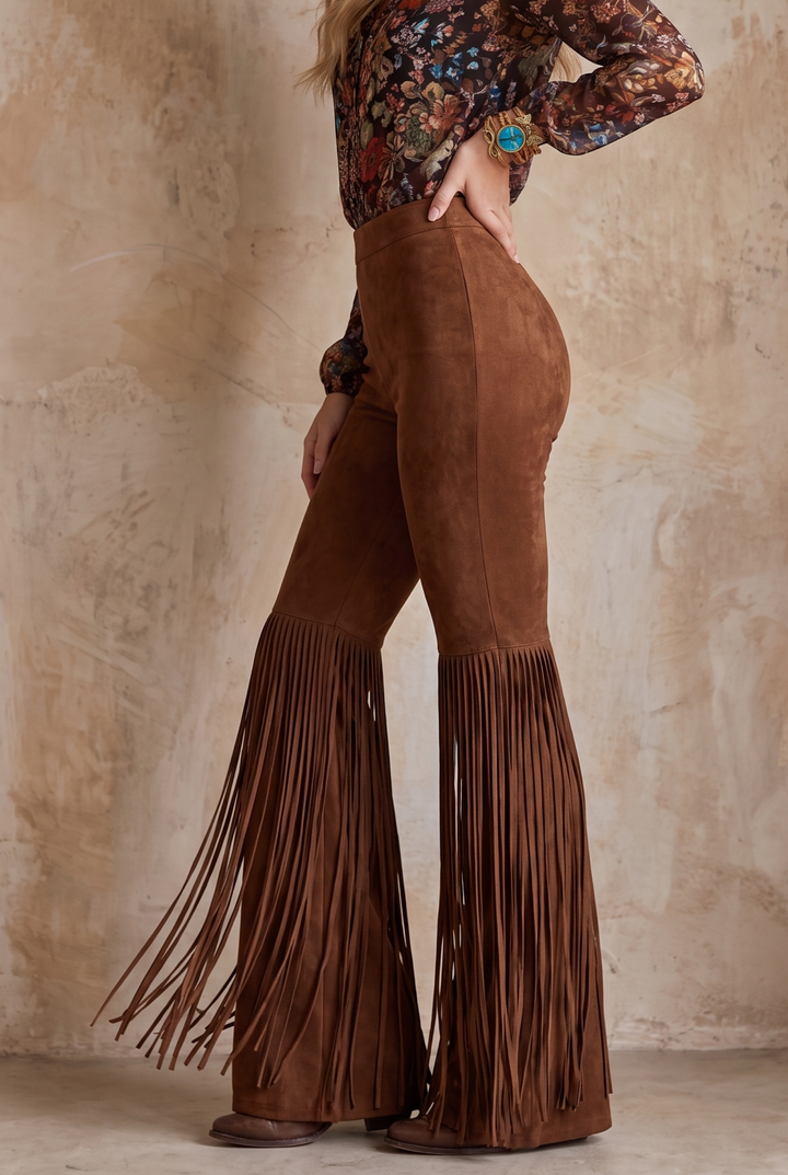 SOLACE CHICSuede Fringe High Waist Flared Long Pants
