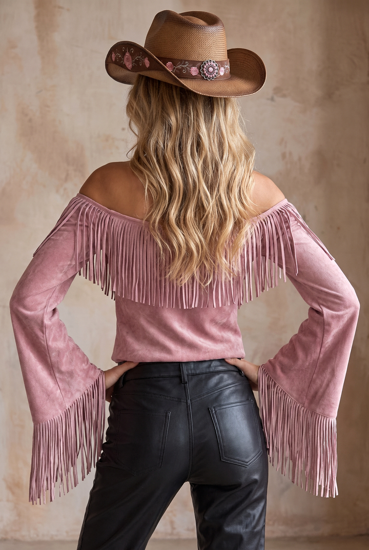 SOLACE CHICFringe Off Shoulder Flare Sleeve Faux Suede Top