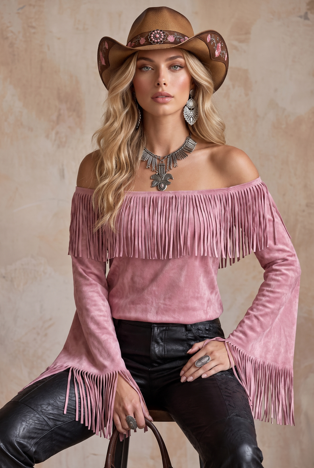 SOLACE CHICFringe Off Shoulder Flare Sleeve Faux Suede Top
