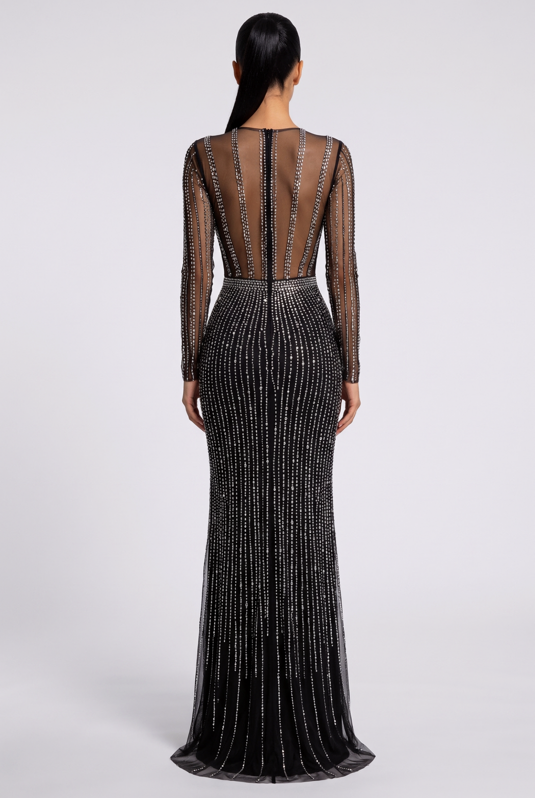 Rhinestone Sheer Mesh High Slit Evening Dress