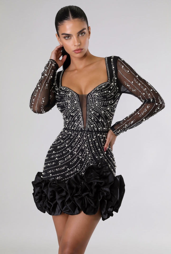 Rhinestone Sheer Mesh Ruffled Mini Dress