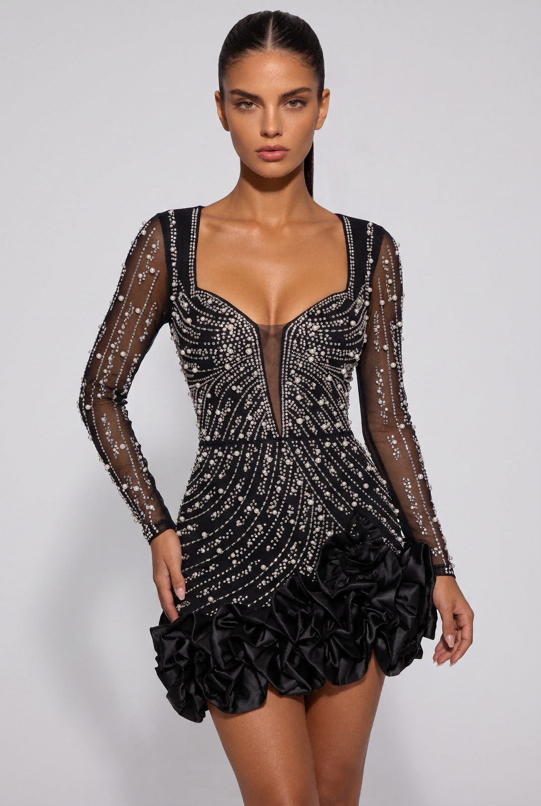 Rhinestone Sheer Mesh Ruffled Mini Dress