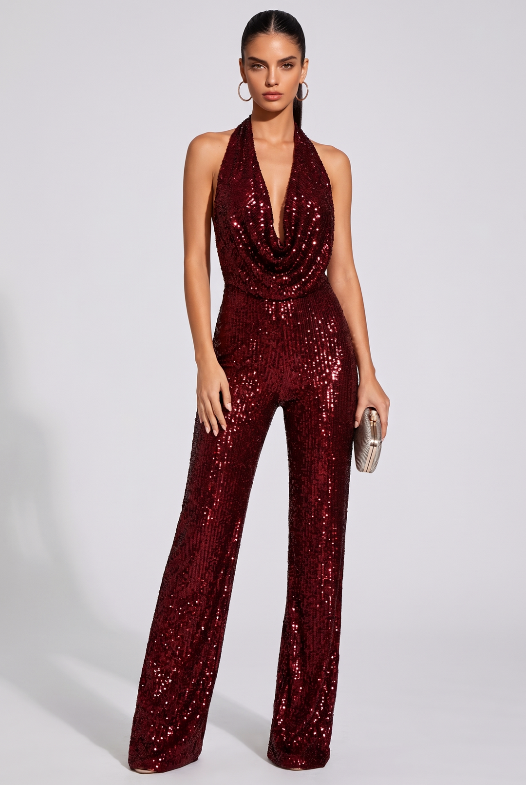 Halter Sequin Cowl Neck Jumpsuit