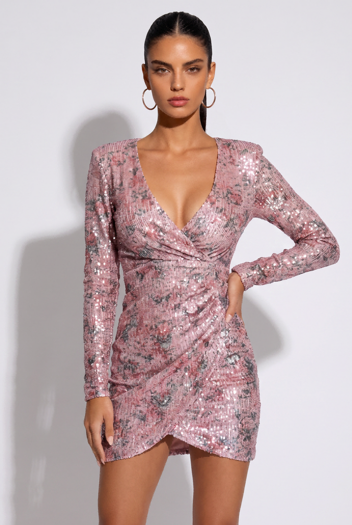 Floral Sequin Long Sleeve Mini Dress