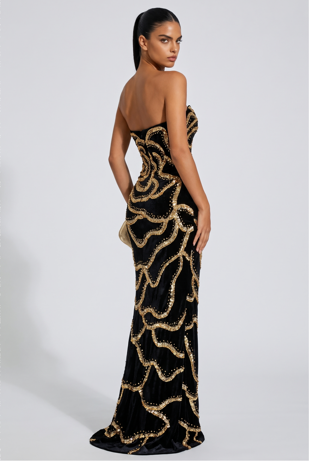 SOLACEGold Rose Beaded Strapless Velvet Evening Derss