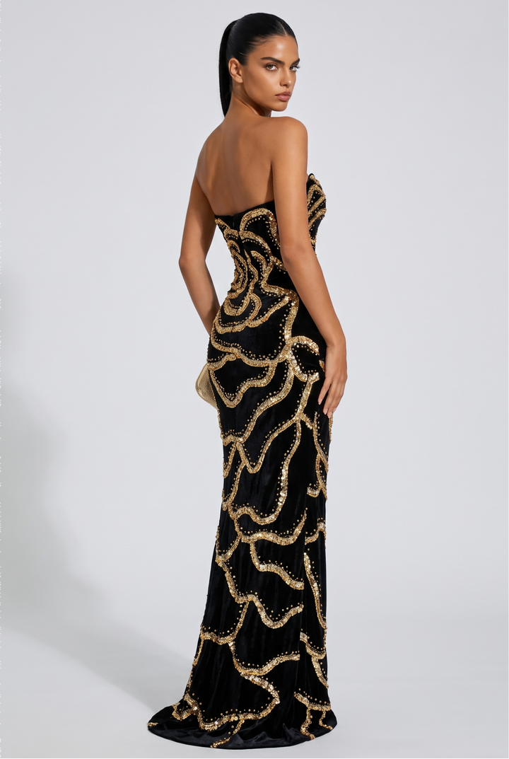 SOLACEGold Rose Beaded Strapless Velvet Evening Derss