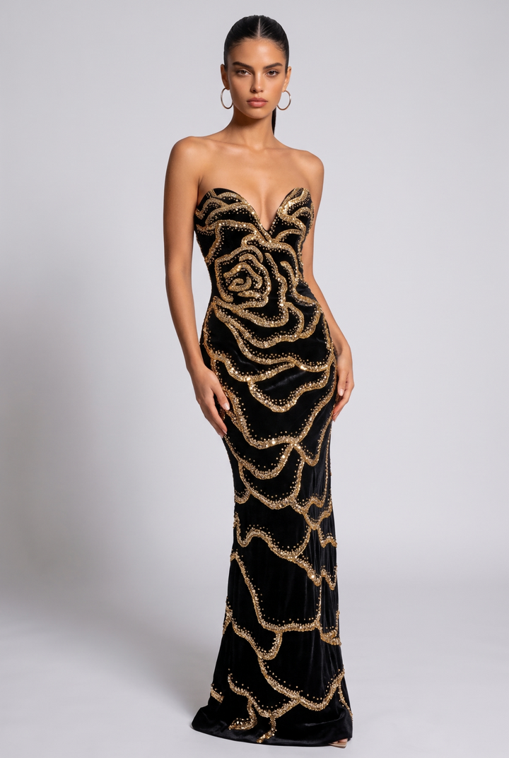SOLACEGold Rose Beaded Strapless Velvet Evening Derss