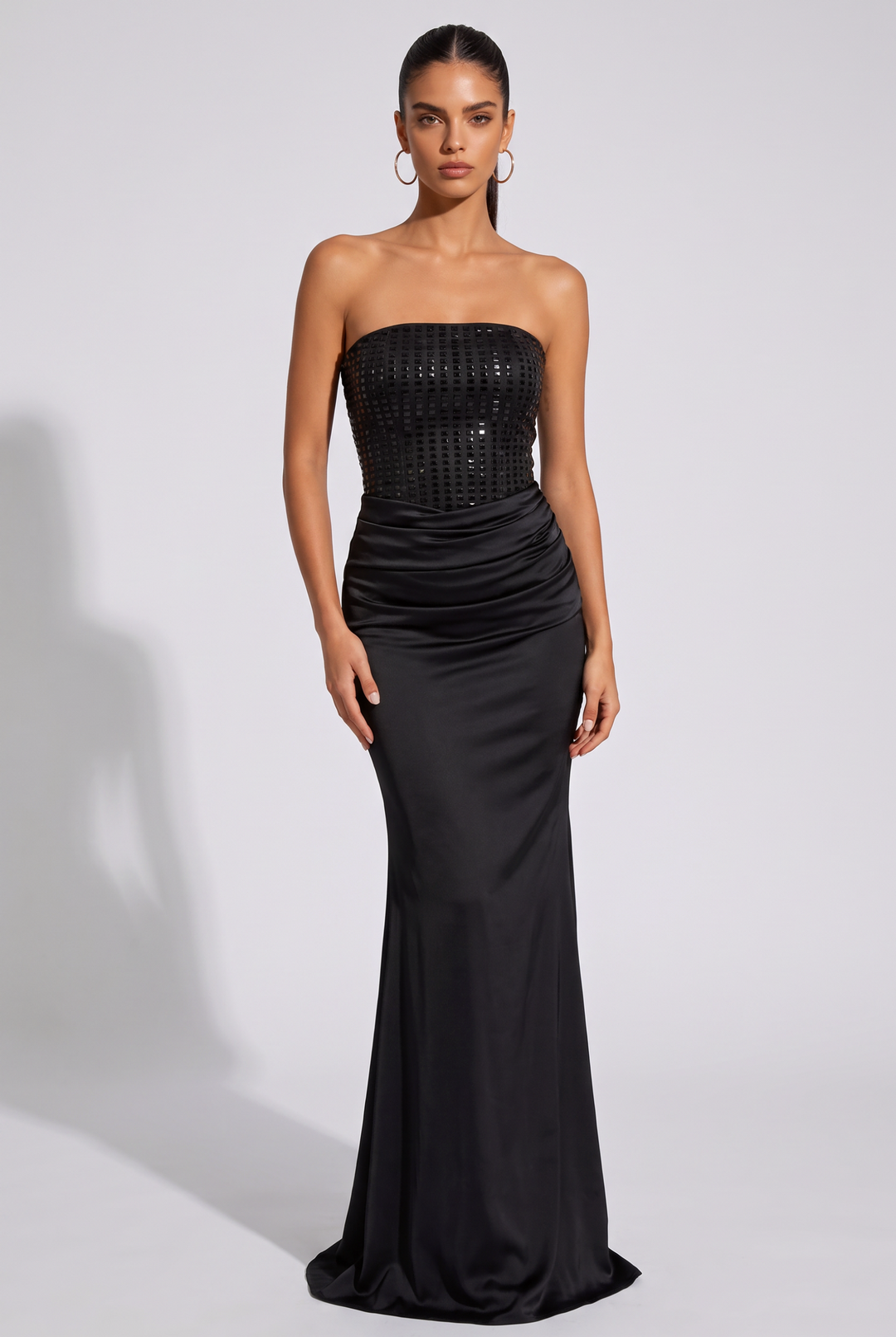 Rhinestone Strapless Satin Maxi Dress