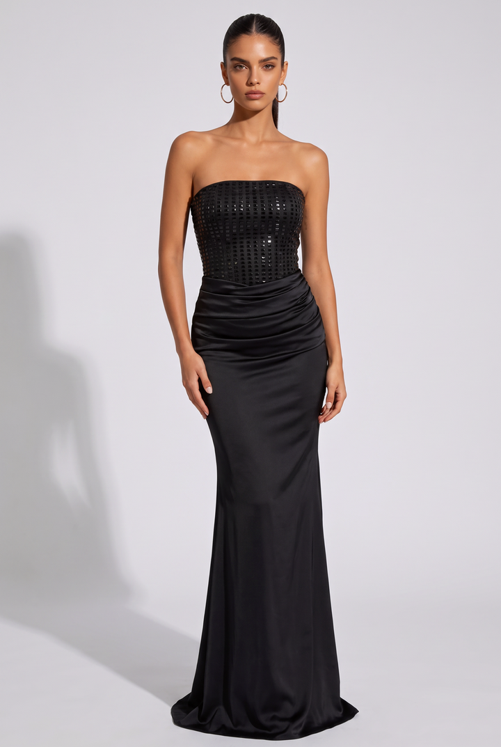 Rhinestone Strapless Satin Maxi Dress