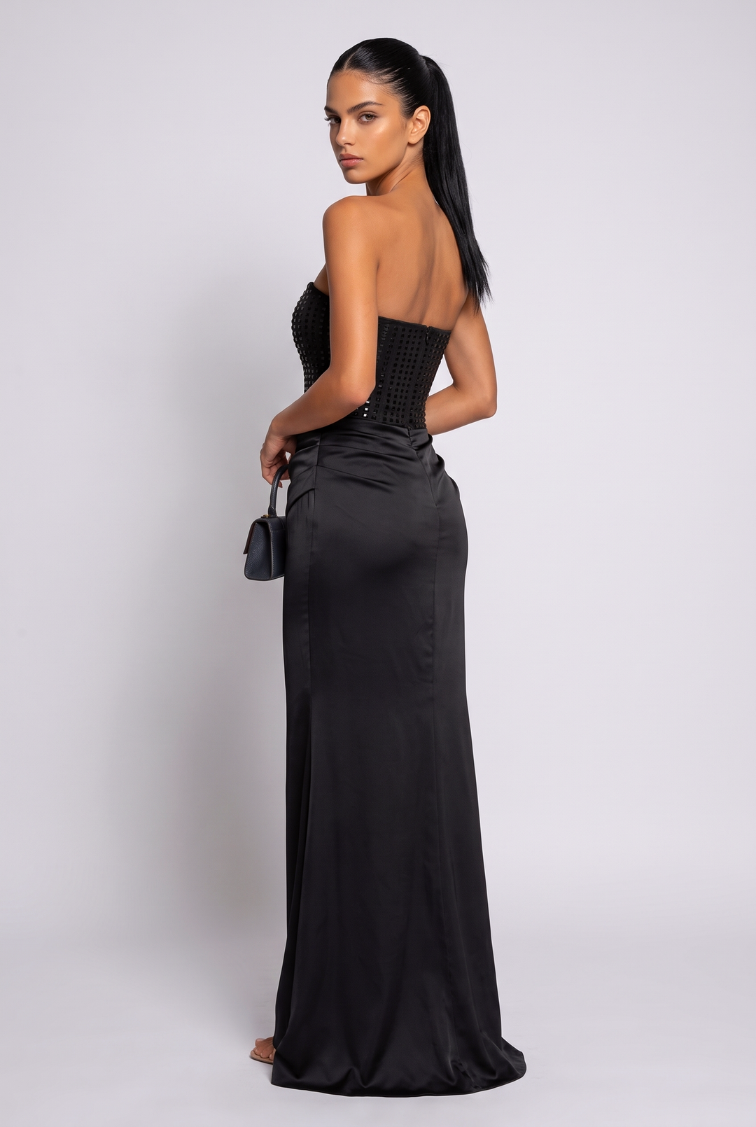 Rhinestone Strapless Satin Maxi Dress