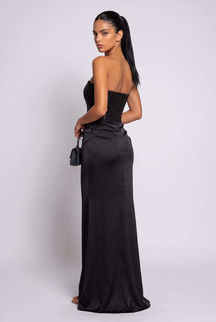 Rhinestone Strapless Satin Maxi Dress
