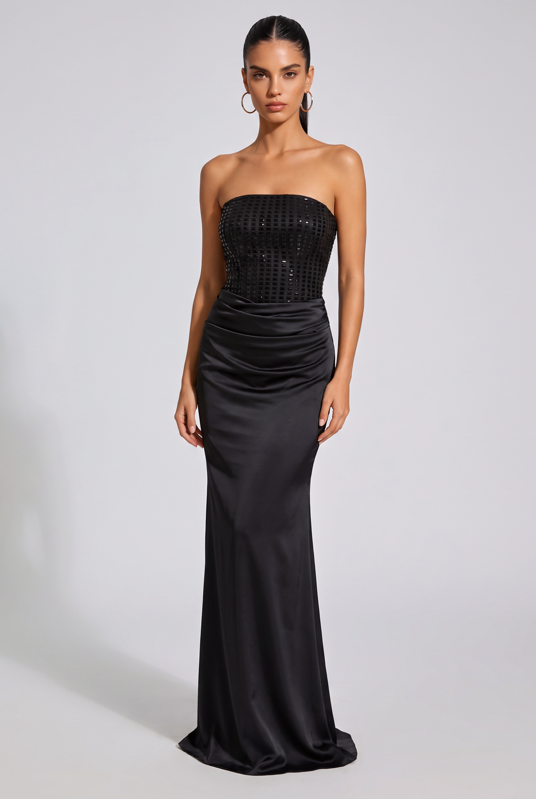 Rhinestone Strapless Satin Maxi Dress