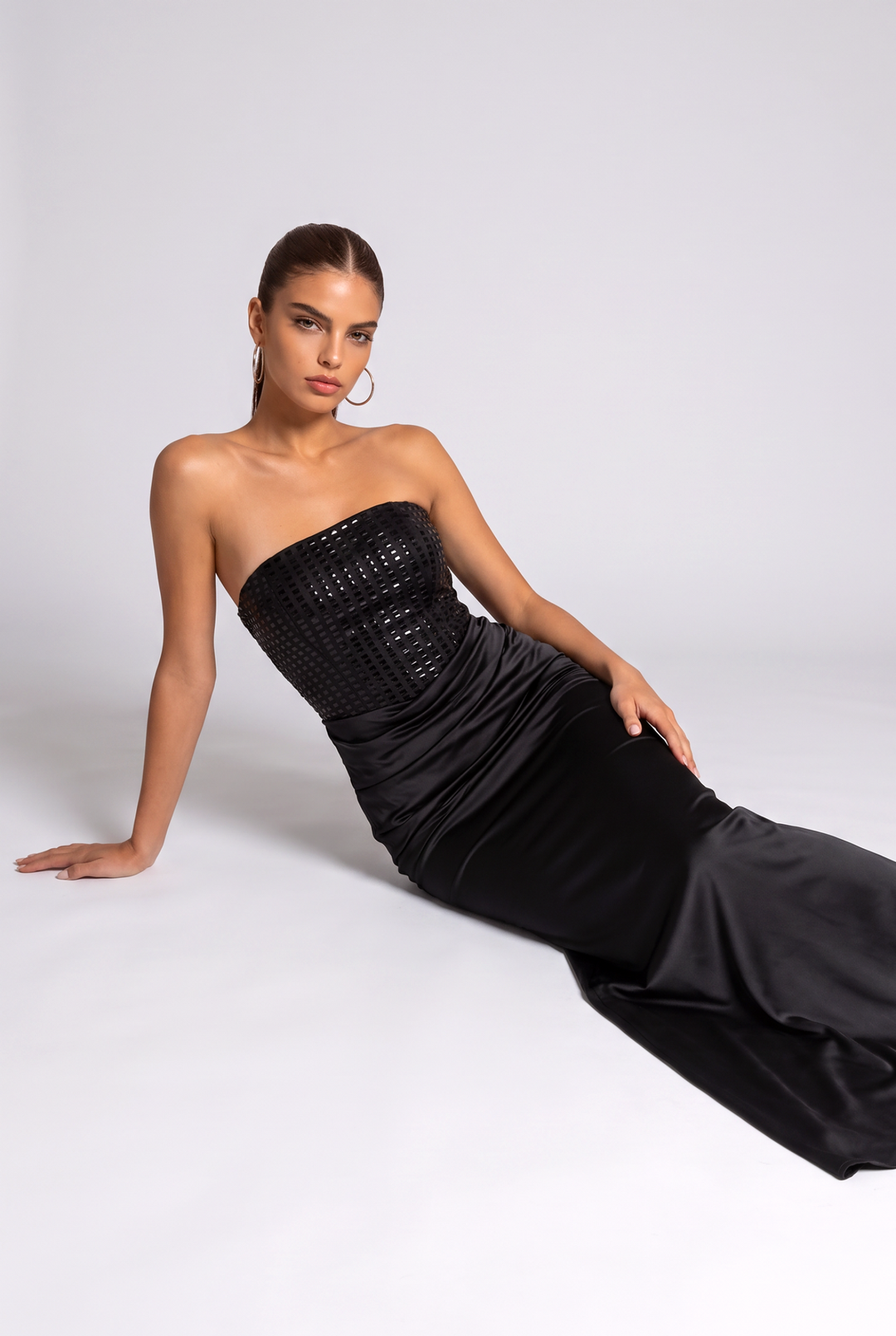 Rhinestone Strapless Satin Maxi Dress