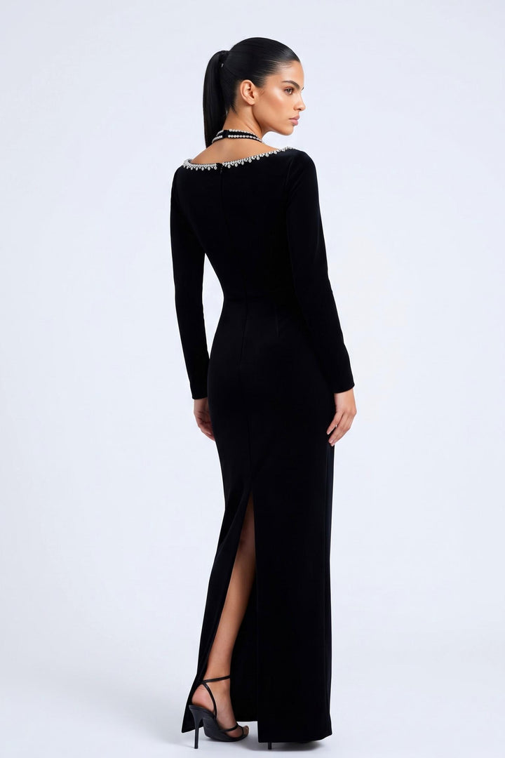 Halter Diamond Long Sleeves Maxi Dress