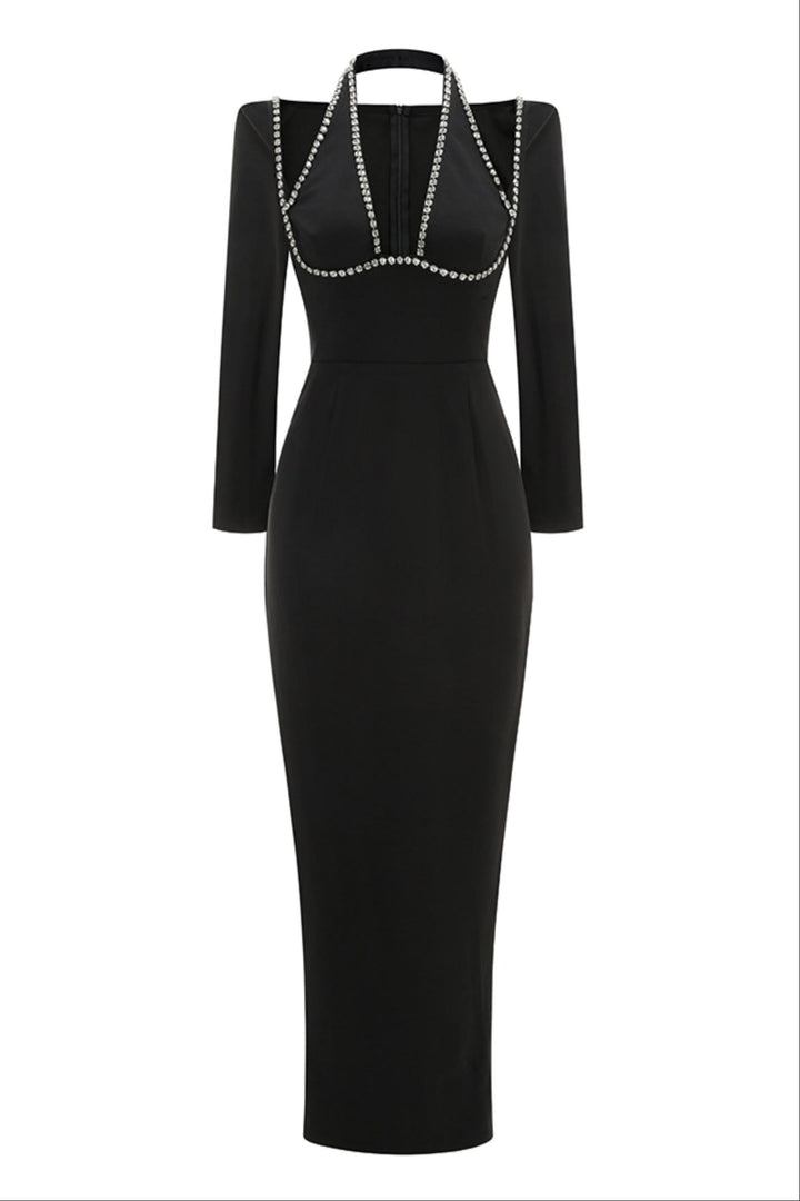 Halter Diamond Long Sleeves Maxi Dress