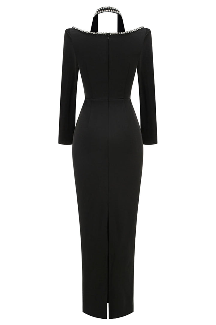 Halter Diamond Long Sleeves Maxi Dress