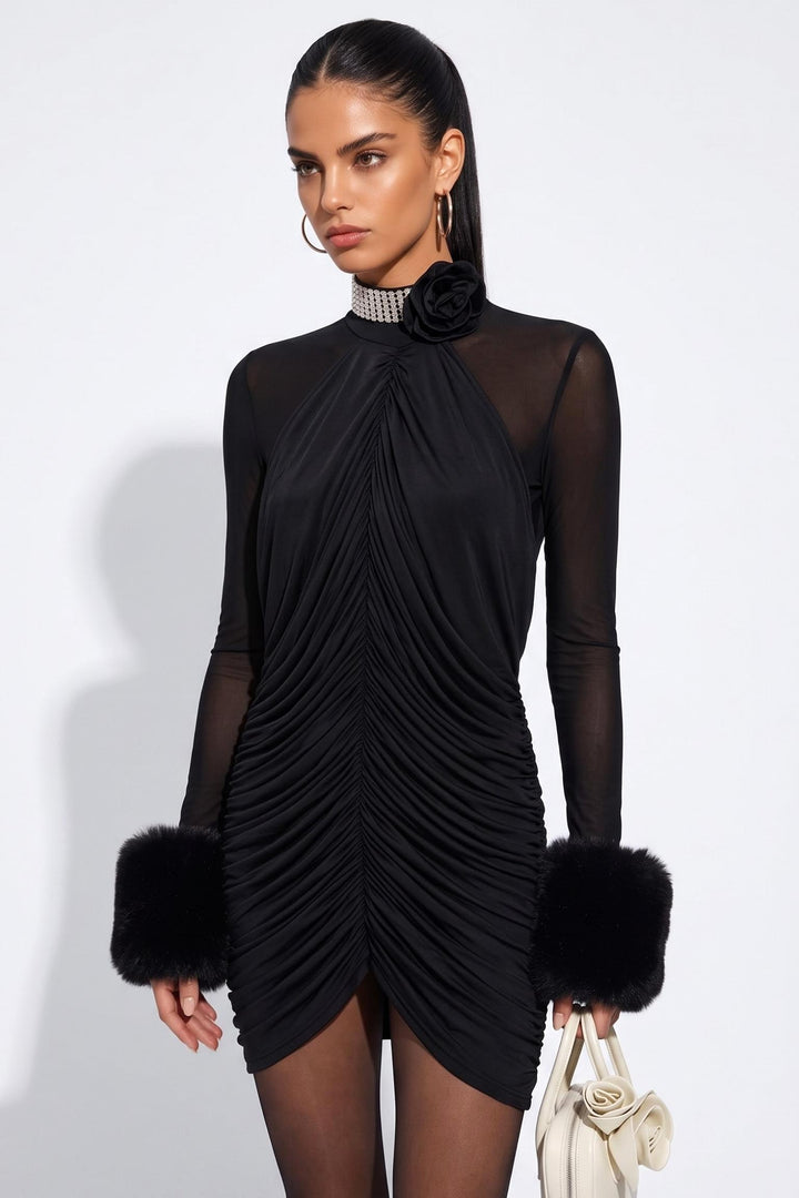 3D Floral Draped Faux Fur-trimmed Mesh Mini Dress