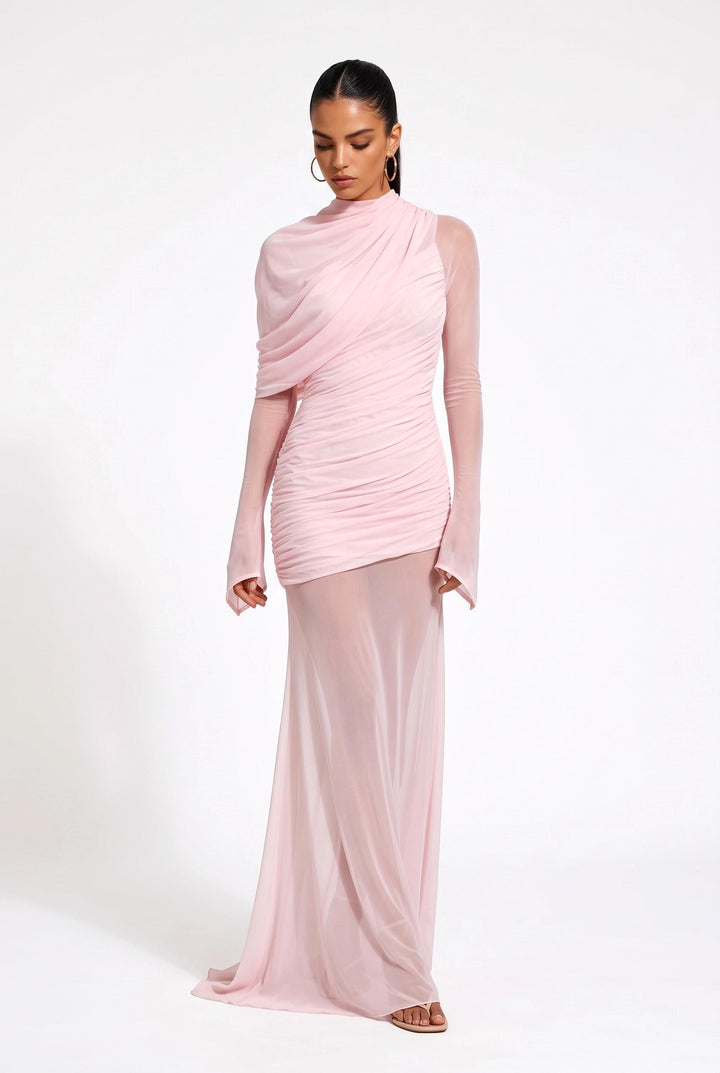 Asymmetric Hem Long Sleeve Mesh Maxi Dress