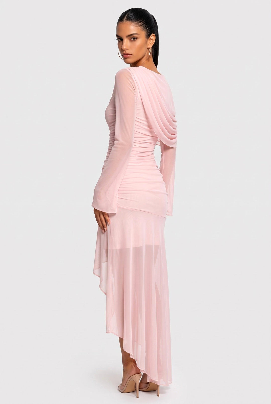 Asymmetric Hem Long Sleeve Mesh Maxi Dress