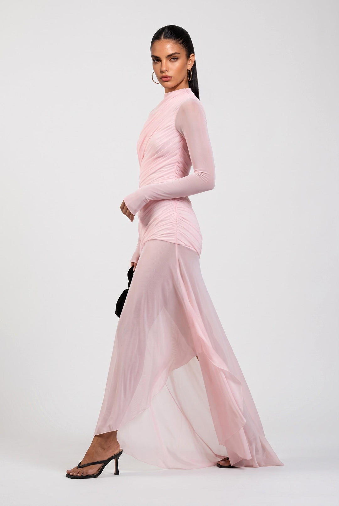 Asymmetric Hem Long Sleeve Mesh Maxi Dress