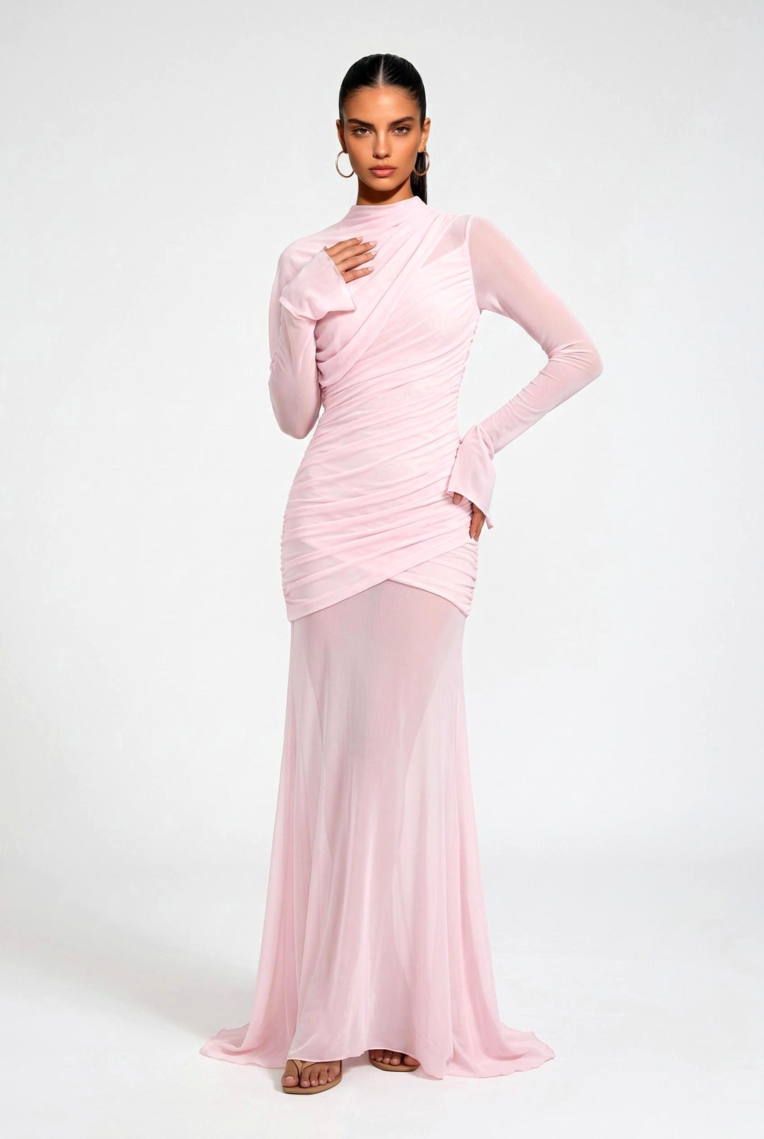 Asymmetric Hem Long Sleeve Mesh Maxi Dress