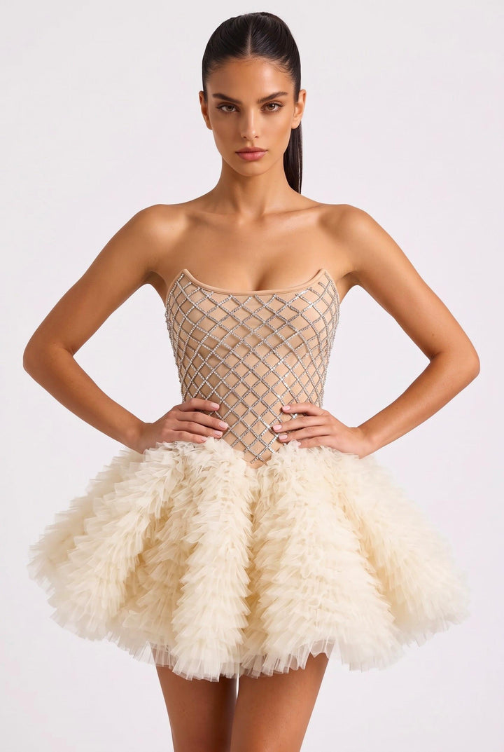 Strapless Rhinestones Mesh Tulle Puff Mini Dress