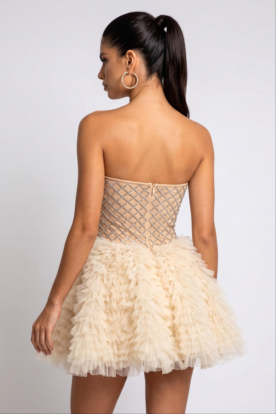 Strapless Rhinestones Mesh Tulle Puff Mini Dress