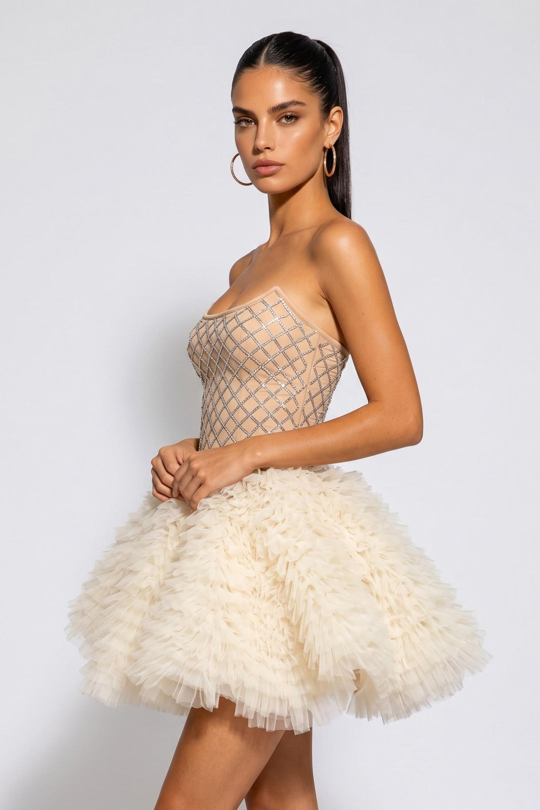 Strapless Rhinestones Mesh Tulle Puff Mini Dress