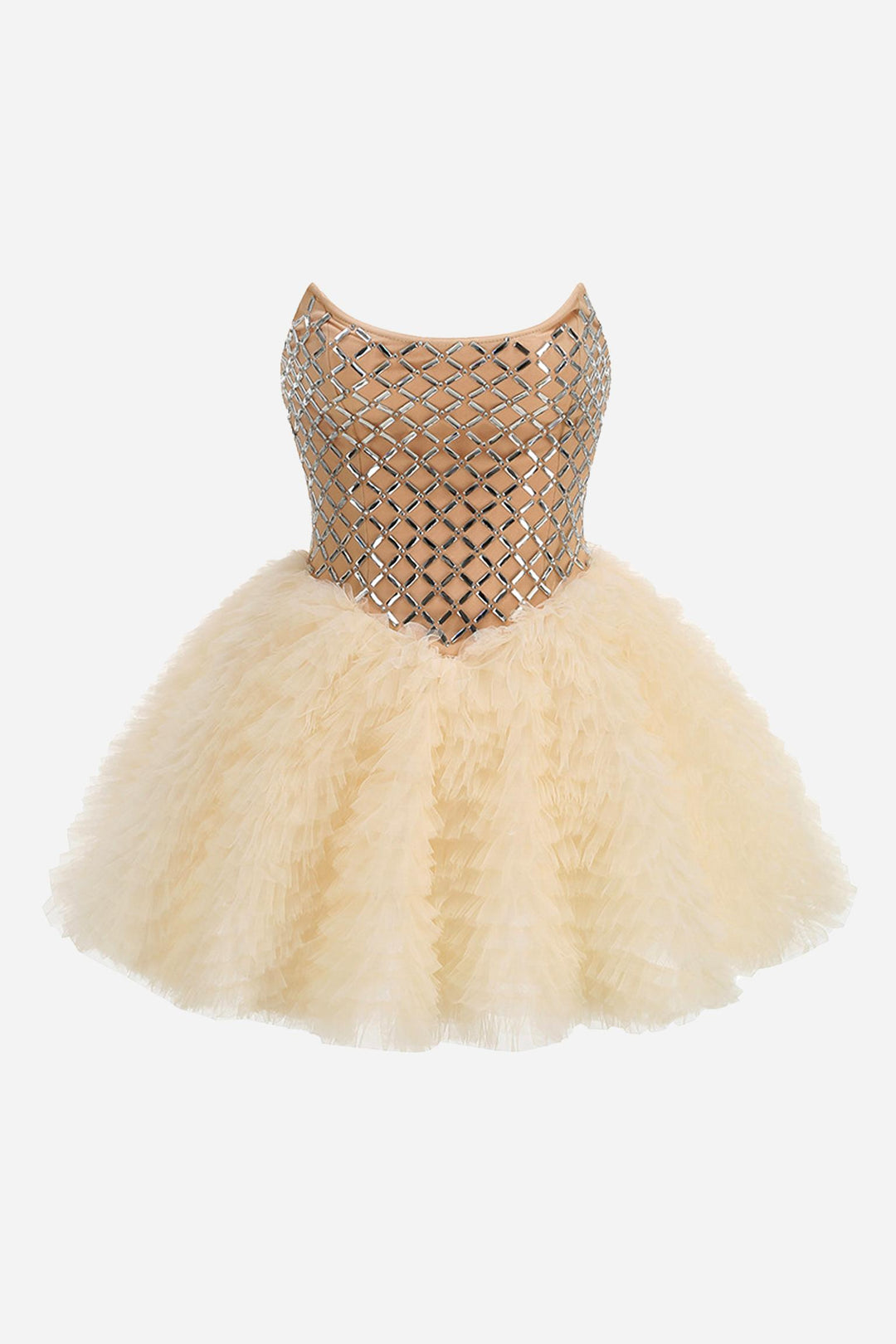 Strapless Rhinestones Mesh Tulle Puff Mini Dress