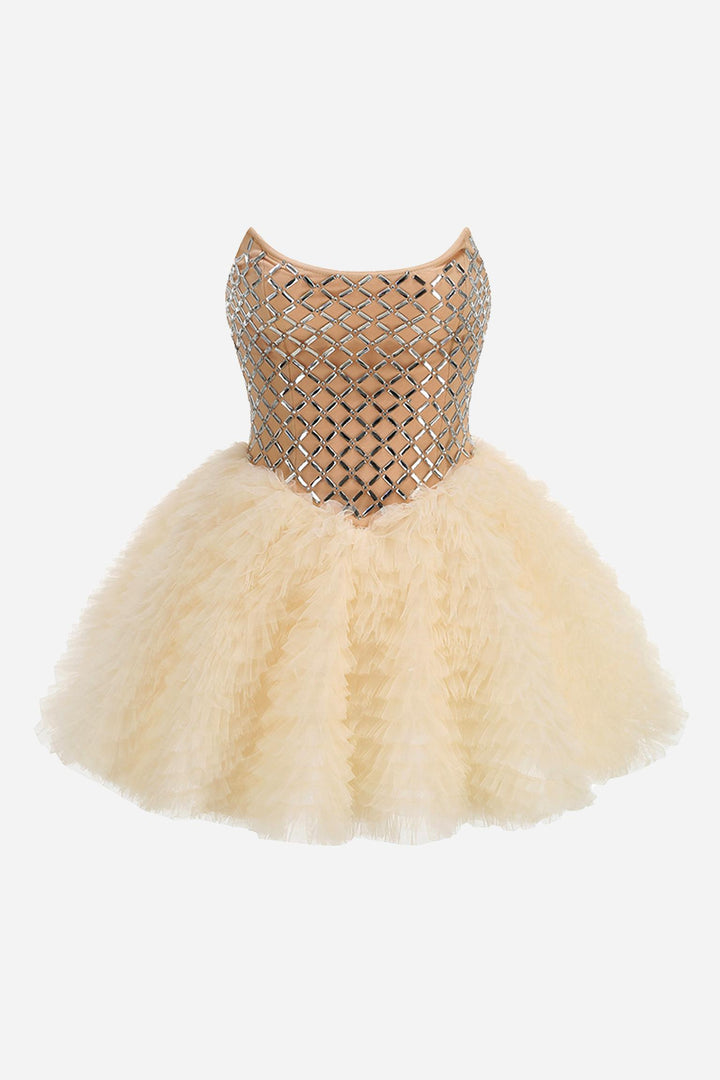 Strapless Rhinestones Mesh Tulle Puff Mini Dress